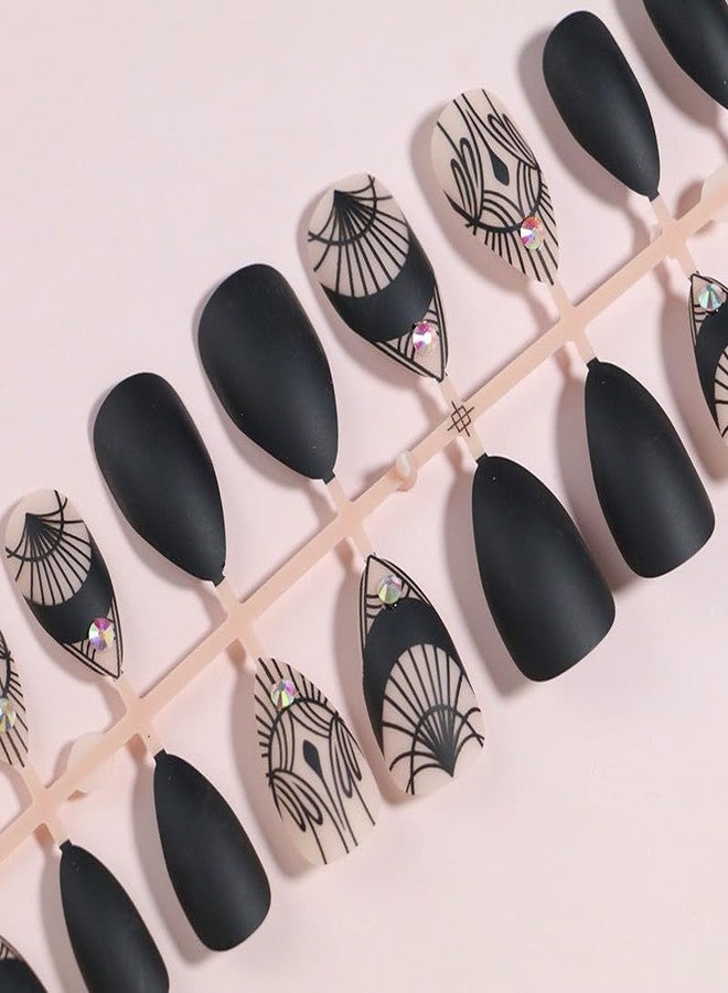 OCOUYVD Press on Nails Medium Almond Stiletto Heel Fake Nails Gothic Mesh Rhinestone Acrylic Nail Glossy Glue on Holiday False Nails Full Cover Stick on Nail for Women Girls 24PCS - Image 3
